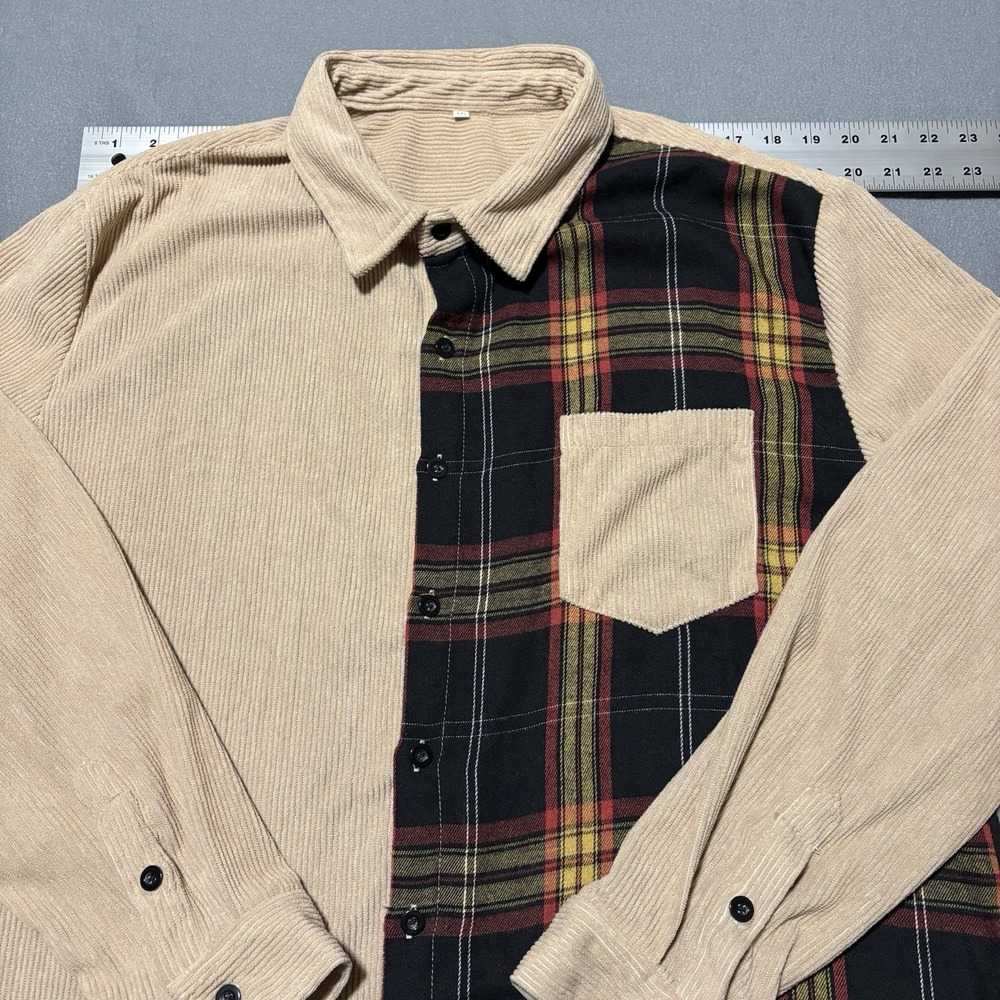 Mens Corduroy Shirt XXL Khaki Long Sleeve Button Up Flannel Plaid Shacket - Picture 3 of 14